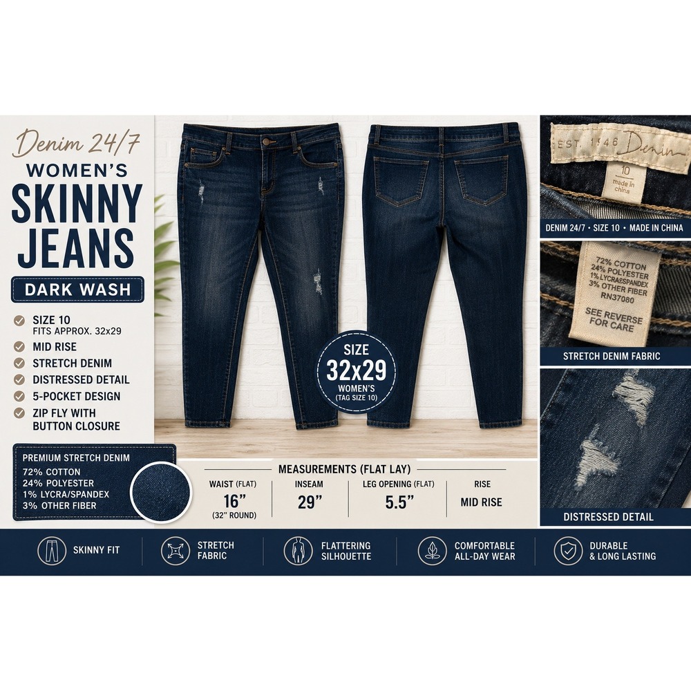 Denim 24/7 Womens Skinny Jeans Dark Wash Distressed Stretch Denim Size 10 32x29
